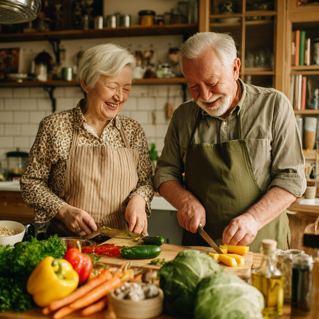 Smiling middle-aged Ukrainian woman preparing healthy meal ingredients on kitchen counter, wearing casual home clothes, natural lighting